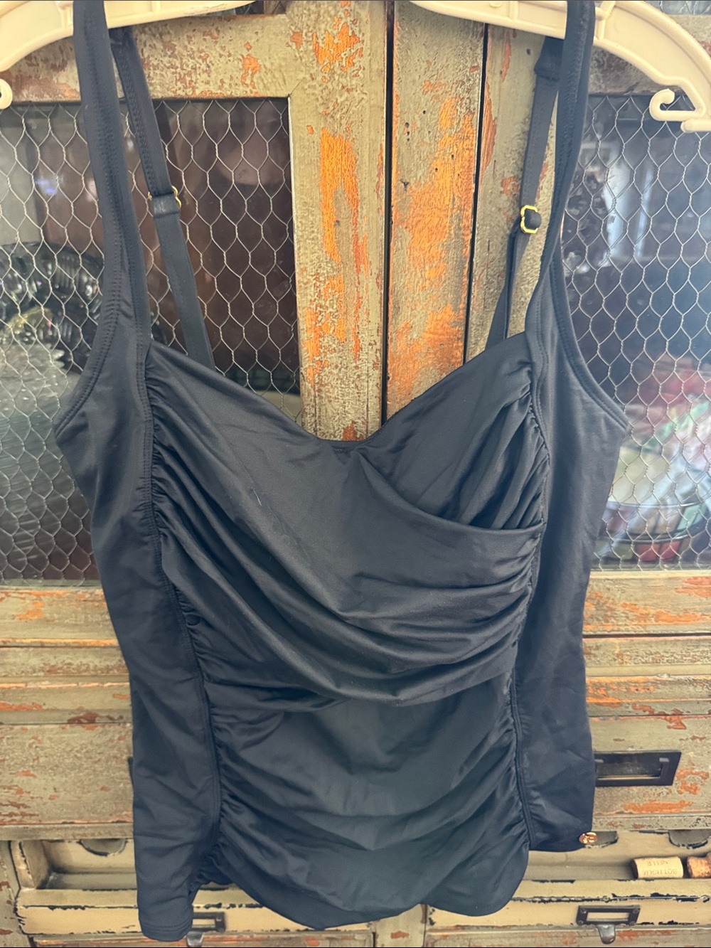 Simon Chang Black Ruched Swim Tankini Top with Gold Logo Tag